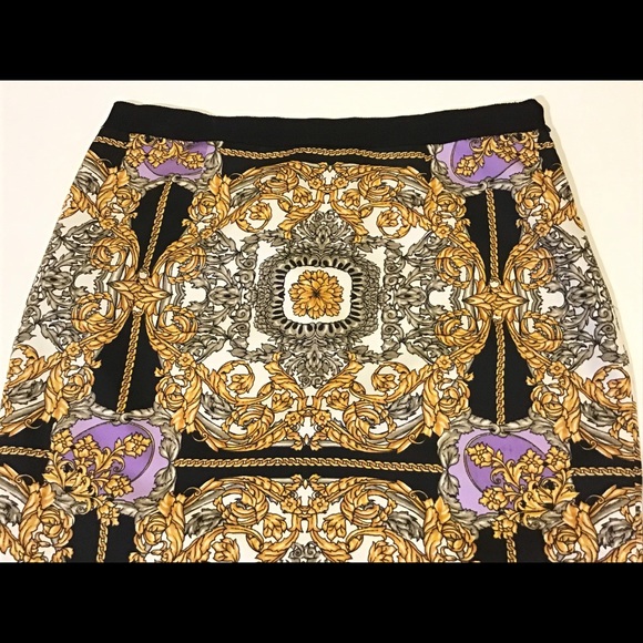Laundry Versace style gold lavender with black chain print silky mini skirt sz 8 - Picture 3 of 10